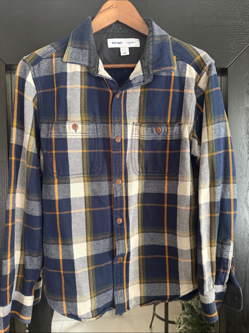 Old Navy Blue and Cream Plaid Button-Up Shirt